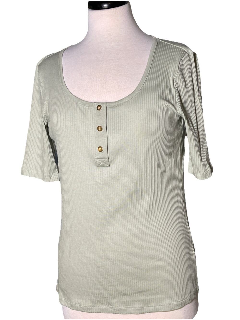 LRL Women's Sz M Green Ribbed Henley Short Sleeve Scoop Neck Shirt Top Casual